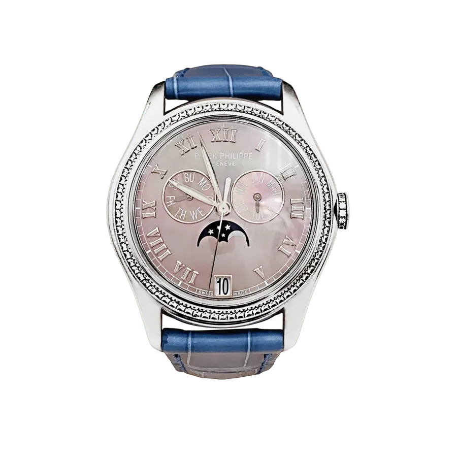 Patek Philippe "Annual Calendar", or blanc, nacre, diamants.