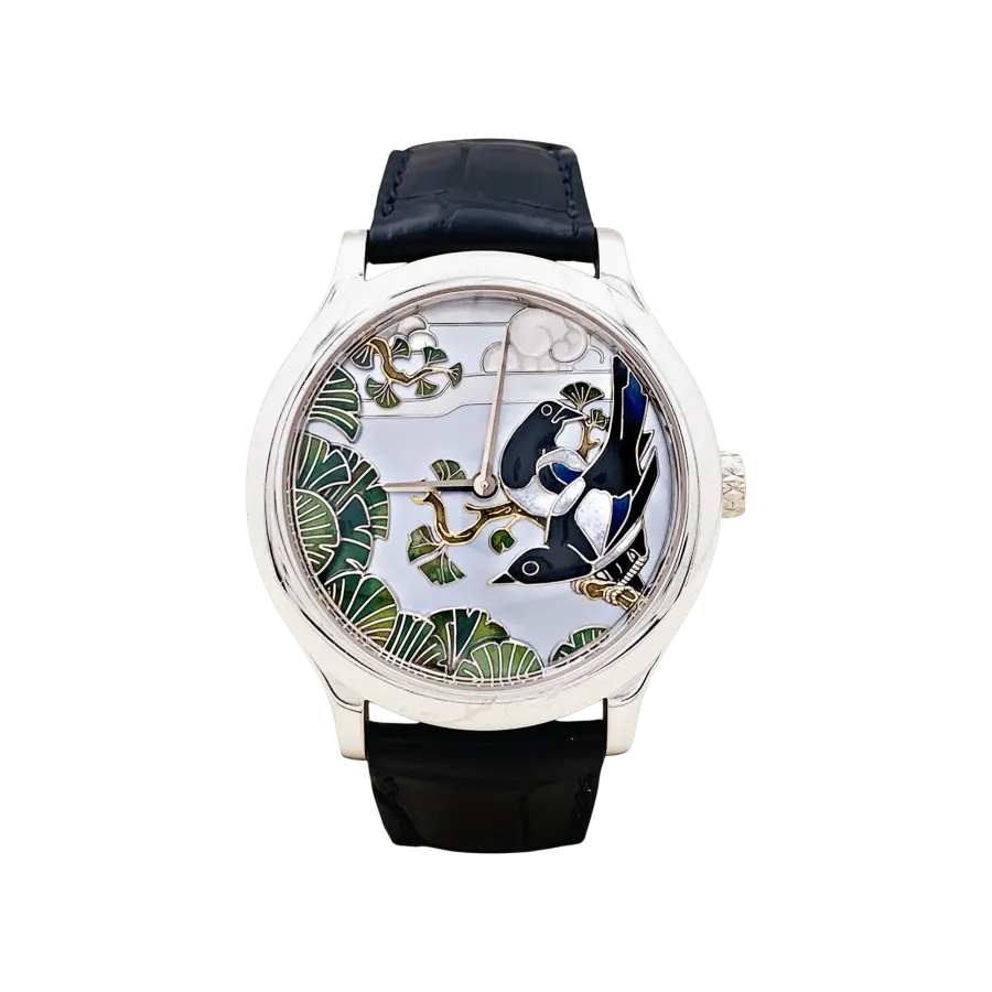 Van Cleef & Arpels « Cadrans Extraordinaires - Midnight Palais de la Chance Pies Décor », or blanc, nacre, émail.