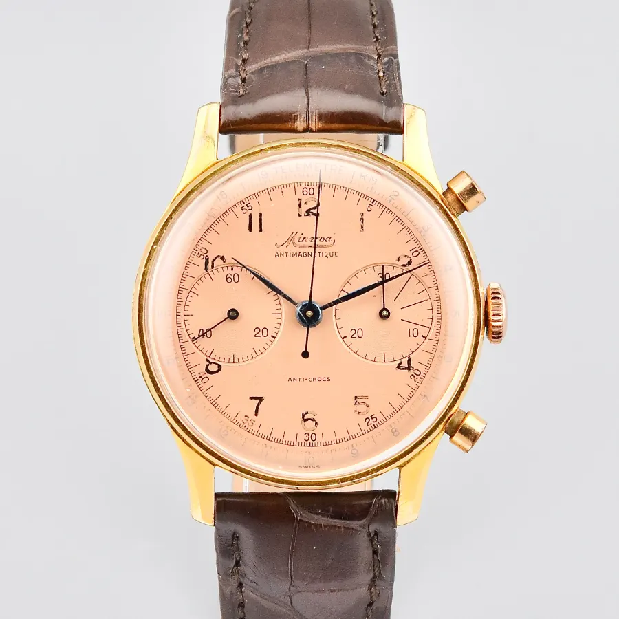 Minerva Chronograph Antimagnetique Jumbo Stainless Steel and Gold Plated