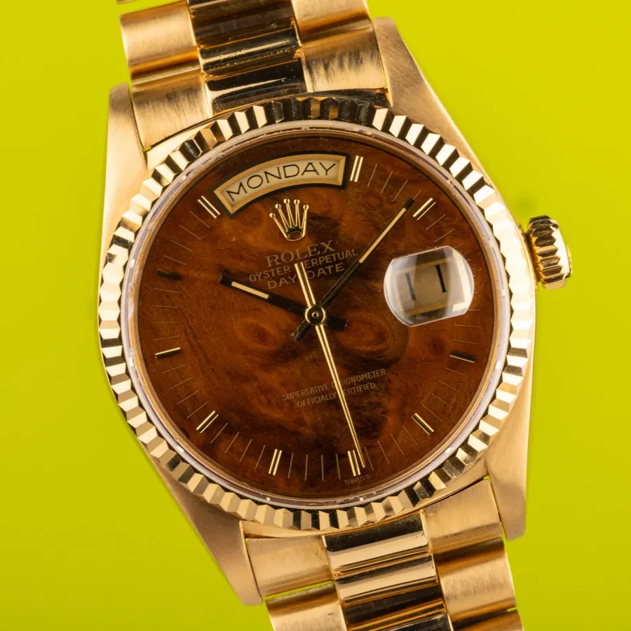 Rolex 1987 (circa) Day-Date in yellow gold ref 18038: Impressive WOOD DIAL